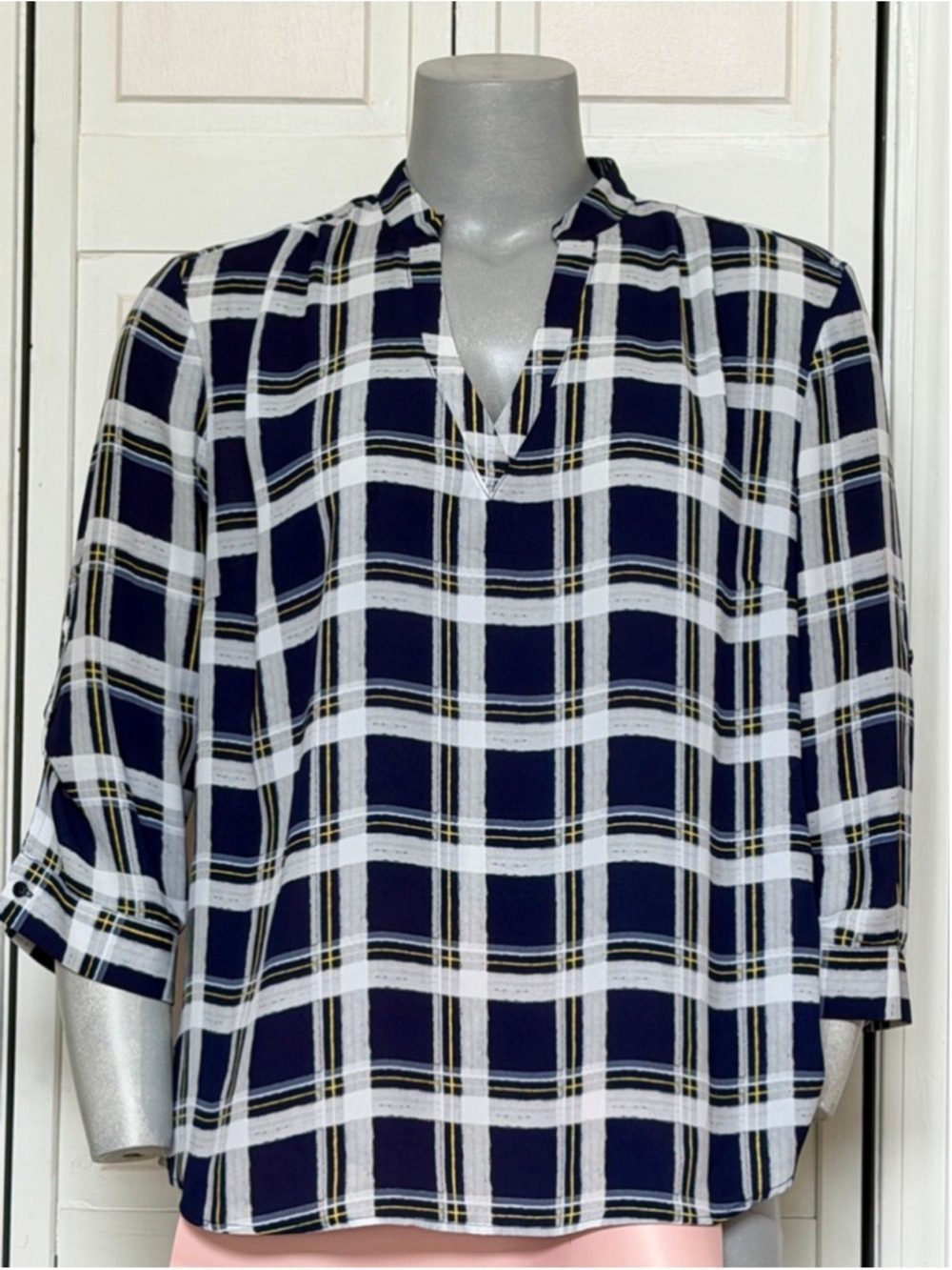 New York & Company XXL Chiffon Plaid Blouse Business Casual Profressional